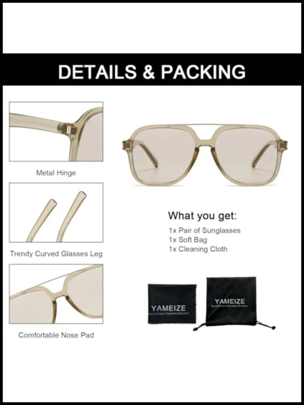Retro Pilot Square Sunglasses UV400 Protection Double Bridge Rectangle Shade